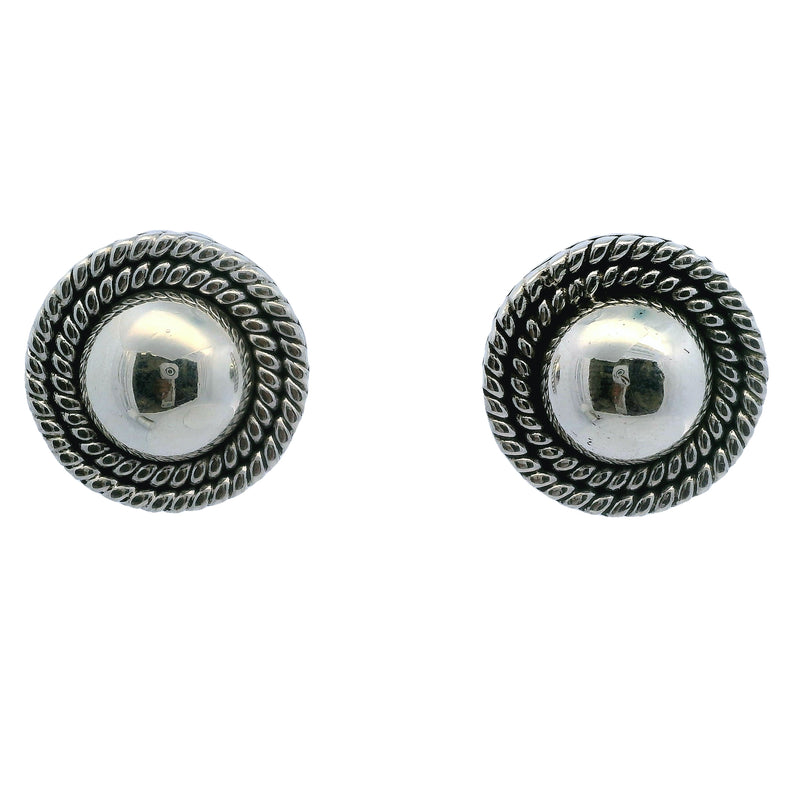 Mexican 925 Sterling Silver Taxco Round Button Rope 22.5mm Stud Earrings