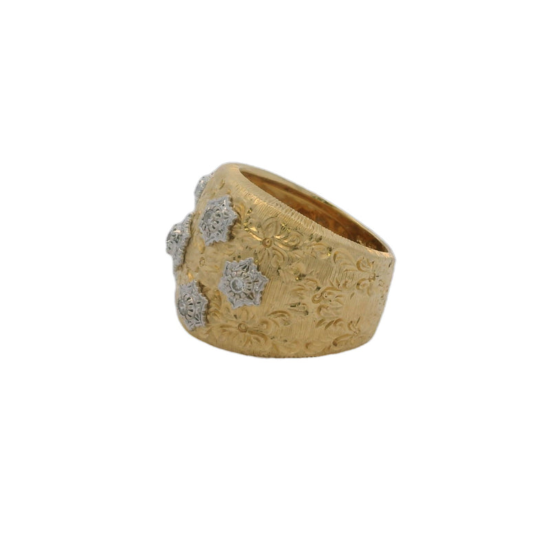 Solid 14kt Yellow and White Gold 19mm Wide Floral Engraved Cocktail Ring with 7 Diamonds Size 7