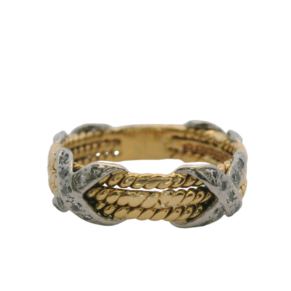 Vintage Rare 1974 Tiffany & Co Schlumberger Two-Tone 18kt Gold 3-Rope Diamond X Ring Size 6.5