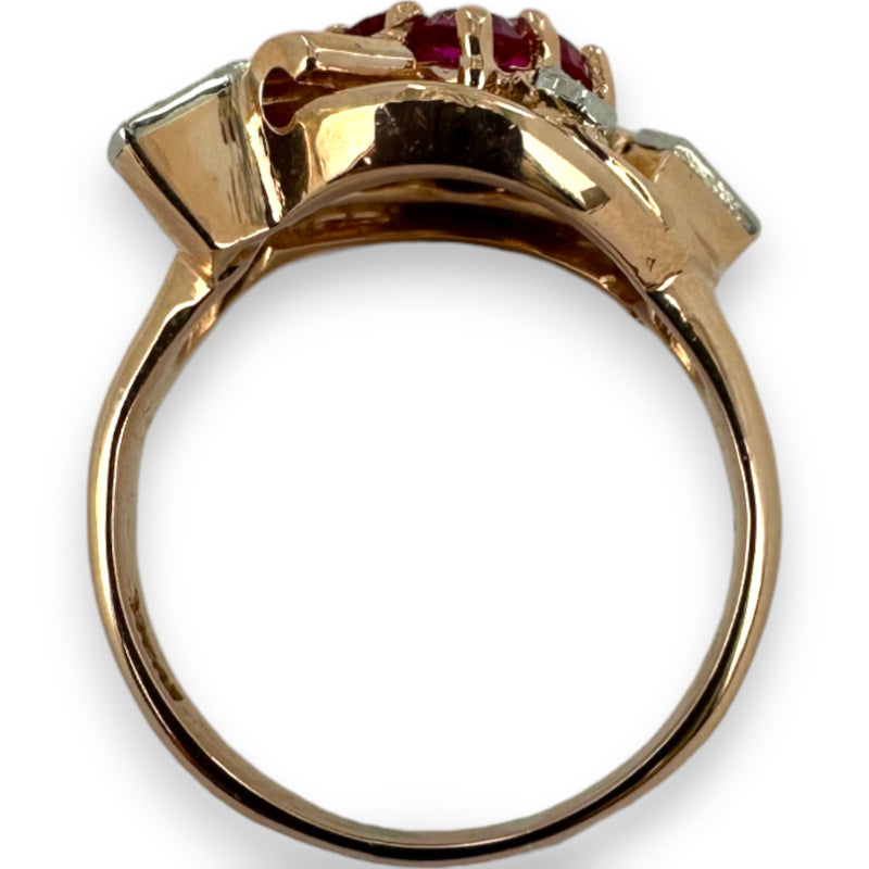 Vintage Retro Era 1940-50s 14kt Solid Rose Gold Cocktail Ring with Lab-Grown Rubies and Diamonds Size 7
