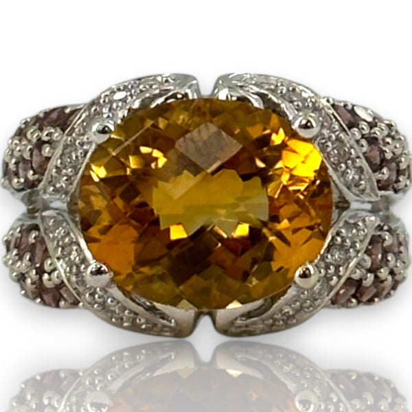 14kt Solid White Gold Cocktail Ring with Large Citrine, Diamonds, and Tourmaline Sides Size 6
