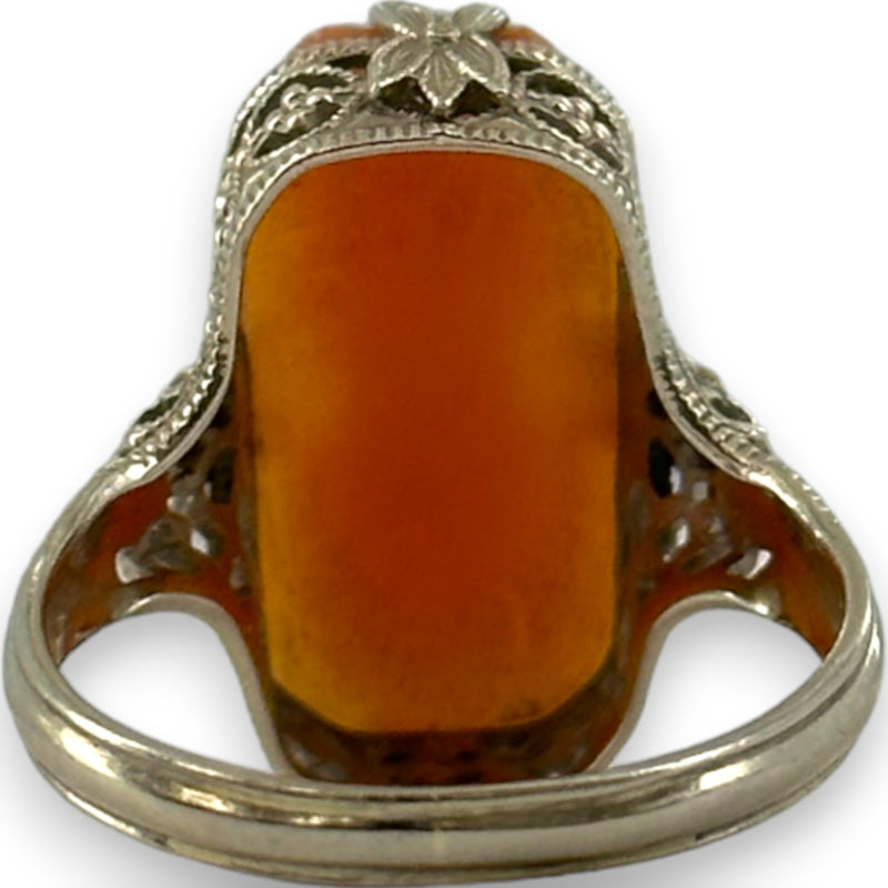 Early 1920s Art Deco 14kt White Gold Filigree and Conch Shell Cameo Ring