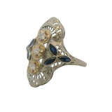 Vintage Art Deco Revival Solid 18kt White Gold, Diamond, and Lab Sapphire Dinner Ring Size 6.75