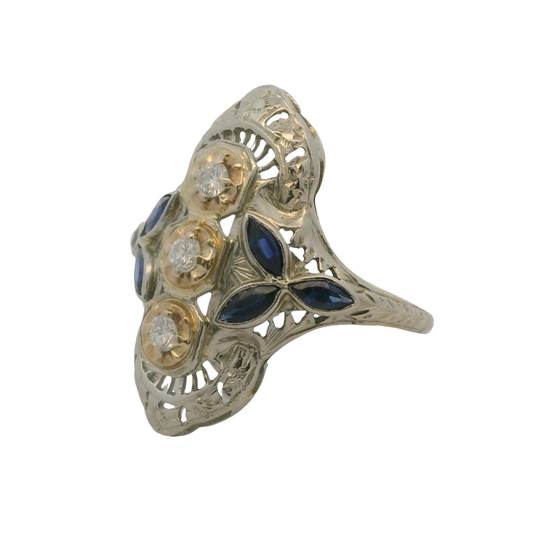 Vintage Art Deco Revival Solid 18kt White Gold, Diamond, and Lab Sapphire Dinner Ring Size 6.75