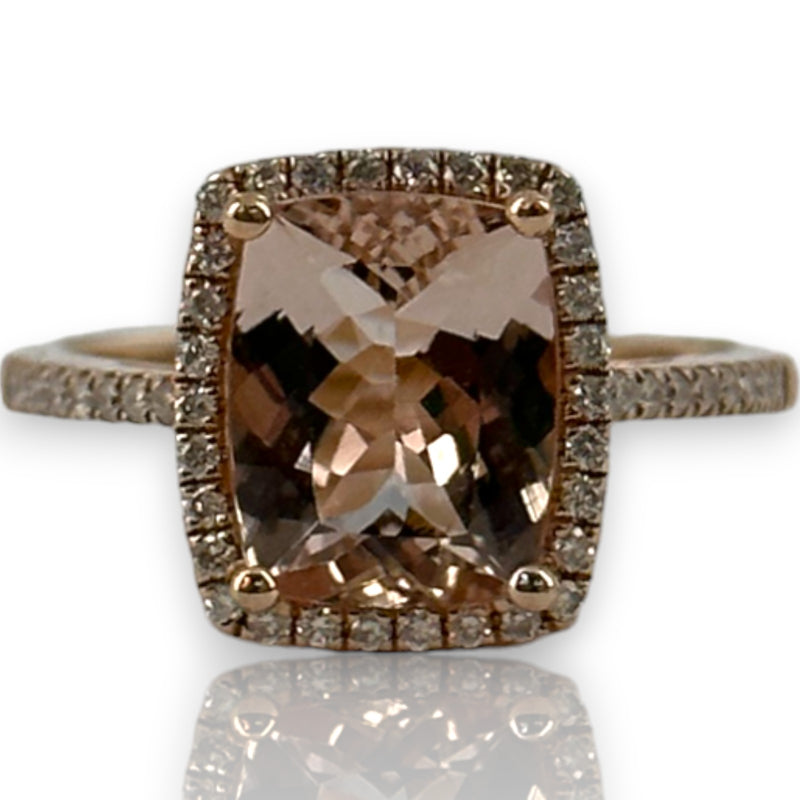 QCD Quality Color Design 14kt Solid Rose Gold Ring with Morganite and Accent Diamond Wedding Engagement Halo Size 7