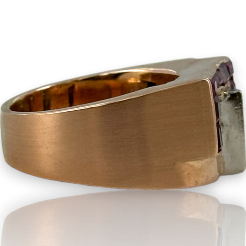 Retro Era 1930s 14kt Rose Gold Interlocking Diamond and Lab Ruby Tank Ring
