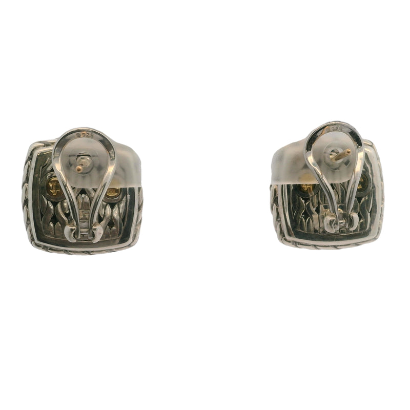 John Hardy 925 Sterling Silver/18kt Gold and Diamond Cluster Classic Square Chain Earrings