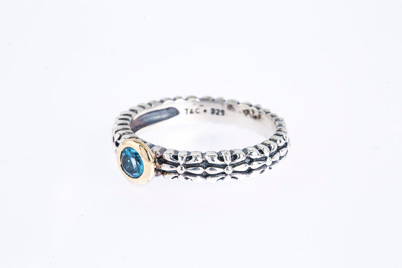 T&C Aquamarine Byzantine Carved Band 925 Silver & 14K Yellow Gold Ring Sz 7 1/4