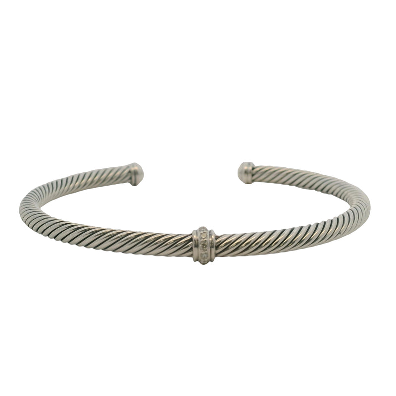 David Yurman 925 Sterling Silver Cable Flex Station Bracelet with Diamonds Size M 6.5