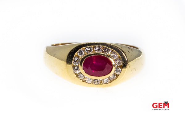 Anillo de oro amarillo de 14 quilates (585) con halo de rubí ovalado y diamantes redondos, talla 10