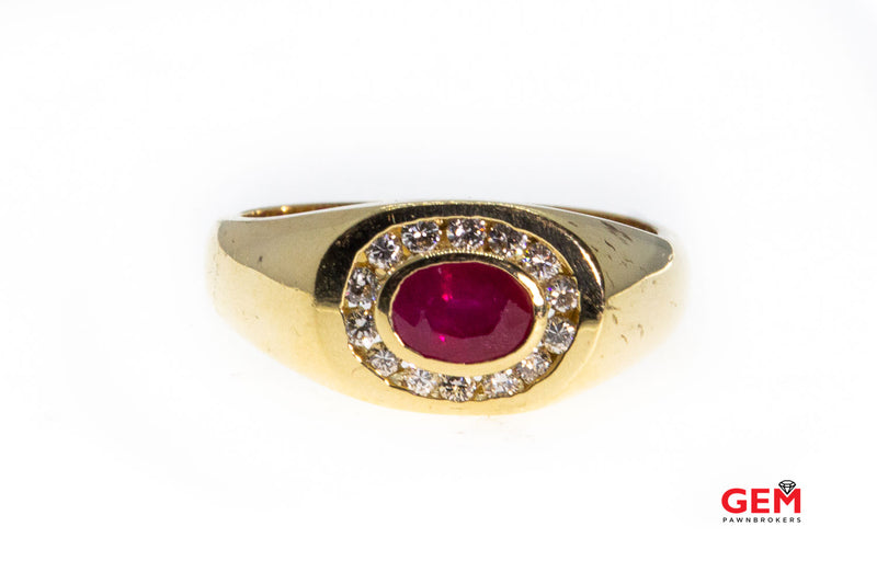 Oval Ruby & Round Diamond Halo Cluster 14K 585 Yellow Gold Ring Size 10