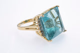 Vintage 1970-80s Solid 14kt Yellow Gold Cocktail Ring with Large 16.7mm Square Step-Cut Aquamarine and 12 Accent Diamonds Size 5.5