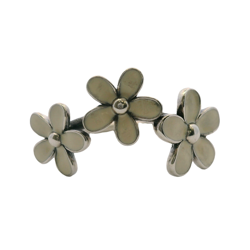 Pandora 925 Sterling Silver Darling Daisies Triple Flower Curved Crown Ring with White Enamel