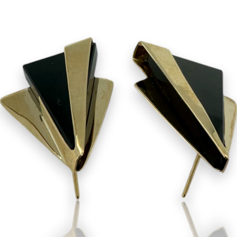 Vintage Solid 14kt Yellow Gold and Onyx 1.3" Long Abstract Triangle Stud Earrings