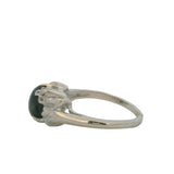 Vintage 1950-70s 14kt White Gold Ring with Center Cabochon 1.55ct Green Star Sapphire in Decorated Leaves Setting with 4 Accent Diamonds Size 5.5