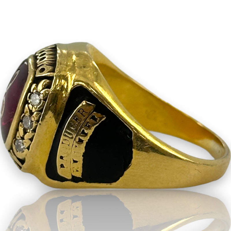 Billboard Top Ten 1998 Collectible Prince Charles Alexander Producer Award Ring Solid 18k Heavy Yellow Gold with Lab Grown Ruby and Accent Diamonds Size 10.75