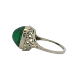 Antique 1920s Solid 14kt White Gold and Green Glass Cabochon Filigree Ring Size 5.5