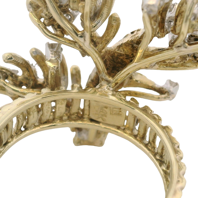 Vintage 1970-80s 14kt Yellow Gold and Diamond Branch Tree Statement Cluster Ring Size 7