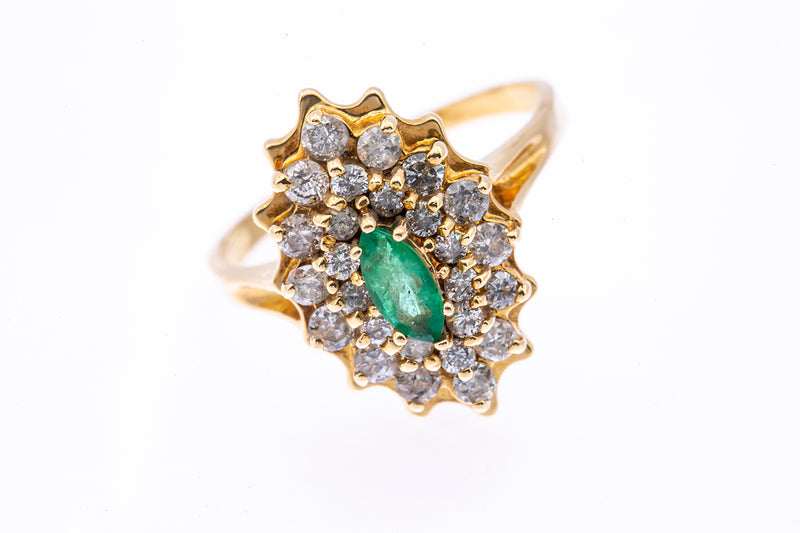Natural Emerald & Diamond Halo Cluster Cocktail 14K 585 Yellow Gold Ring Size 7