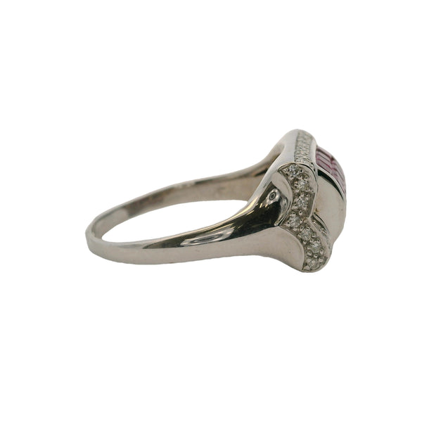 Vintage Solid 18kt White Gold Invisible Setting Lab Ruby Ring With Diamond Halo Size 11.5