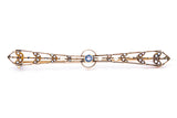 Edwardian Natural Pearl Accent & Sapphire Line Lapel Pin 14K 585 Yellow Gold Brooch