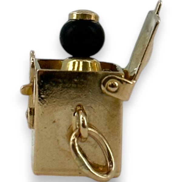 Vintage Solid 14kt Yellow Gold Working Spring Loaded Jack-In-The-Box Charm with Black Glass Bead