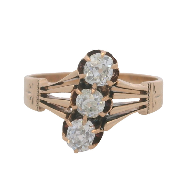 Antique Mid-Victorian Era Solid 14kt Rose Gold 3-Stone VS2 Old Mine Diamonds Ring Size 7