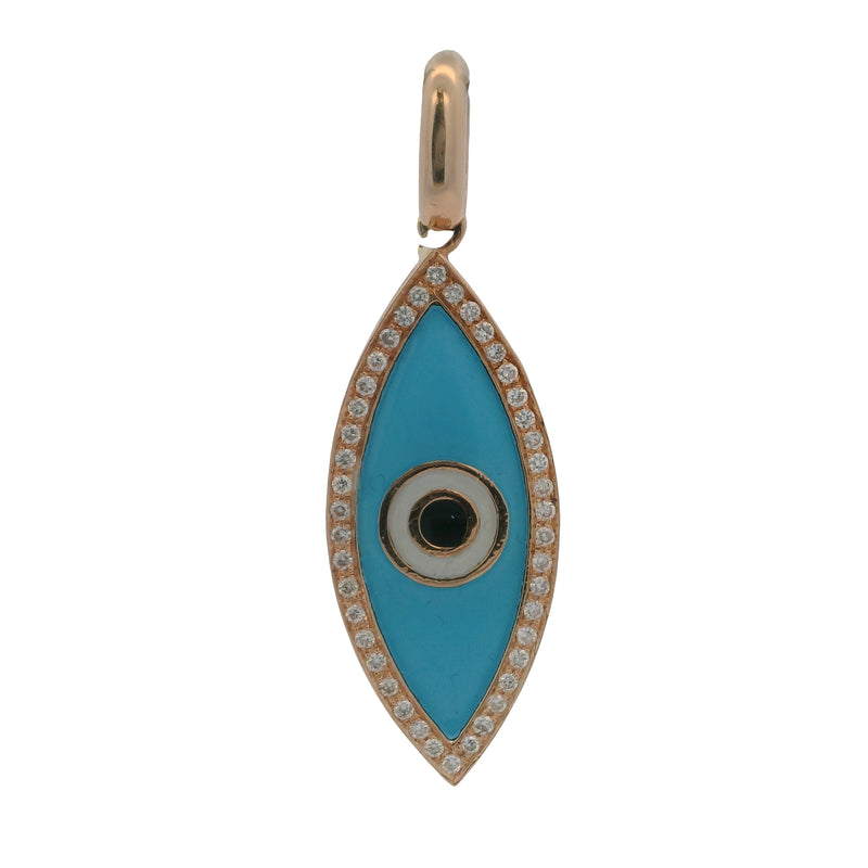 Solid 18kt Rose Gold Colored Enamel and Diamonds Large Evil Eye Necklace Pendant