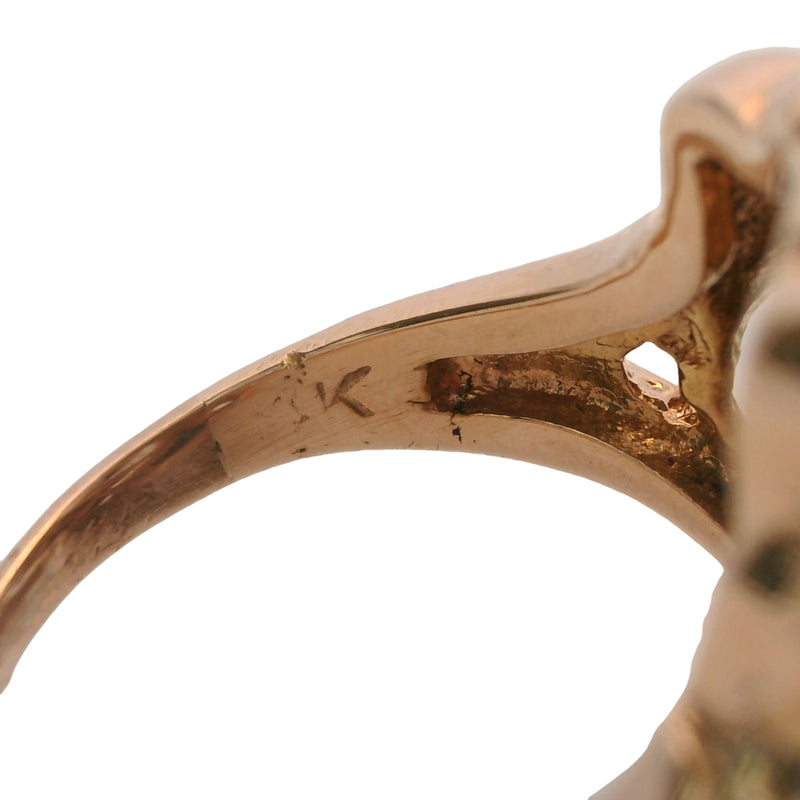 1930s Early Retro 14kt Rose Gold Ribbon Ring with Old Mine Diamonds and Lab Rubies Size 6.5