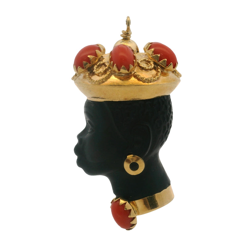 Antique Italian Solid 18kt Yellow Gold Ebony Wood and Coral Blackamoor Head Pendant