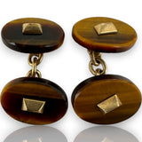 Antique Late Victorian Solid 9k Yellow Gold Chain-Link Tiger's Eye Oval Cufflinks Made in London