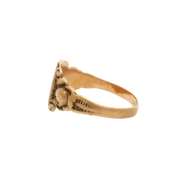 Antique Artcarved 1860-90s Victorian Solid 10kt Rose Gold Signet Ring With Floral and Scroll Motif Engraved with "JG"