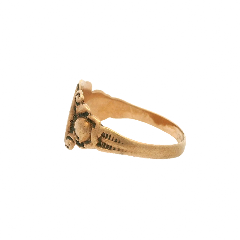 Antique Artcarved 1860-90s Victorian Solid 10kt Rose Gold Signet Ring With Floral and Scroll Motif Engraved with "JG"