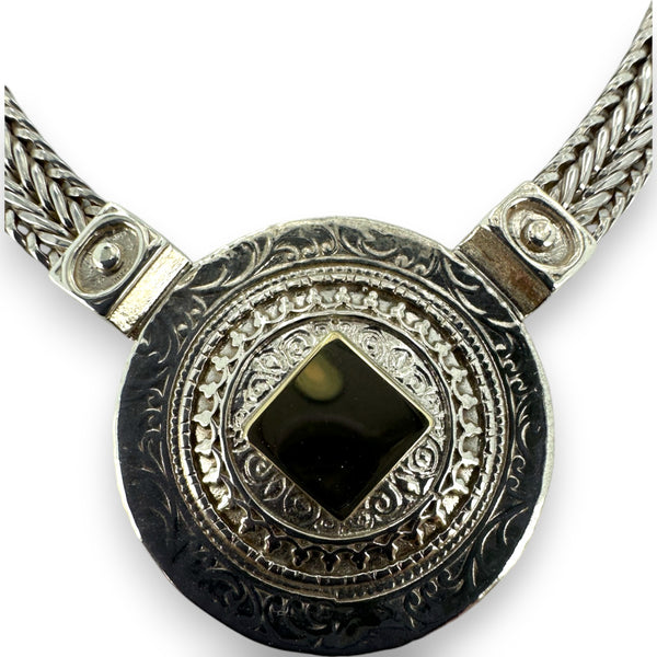 Didae Shablool 1980s 925 Sterling Silver and 14kt Yellow Gold Herringbone Chain 18" Medal Necklace Made in Israel