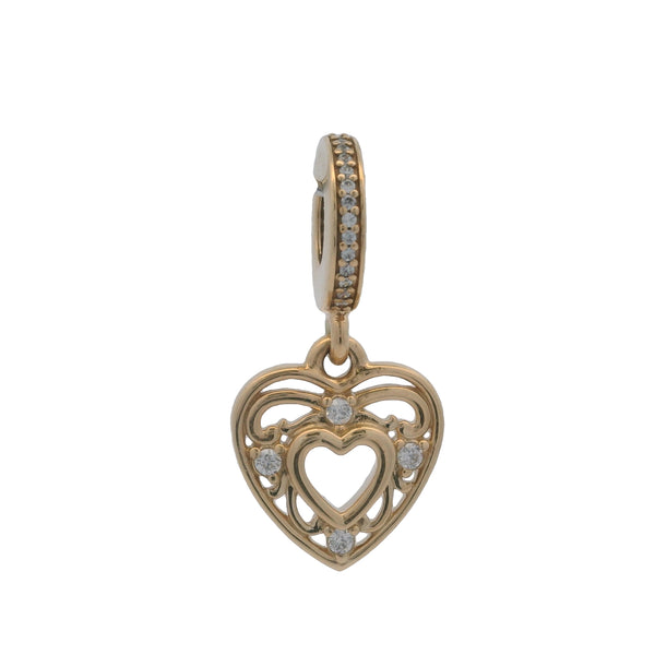 Charm colgante de corazón romántico de Pandora, retirado, de oro amarillo sólido de 14 kt y circonita cúbica.