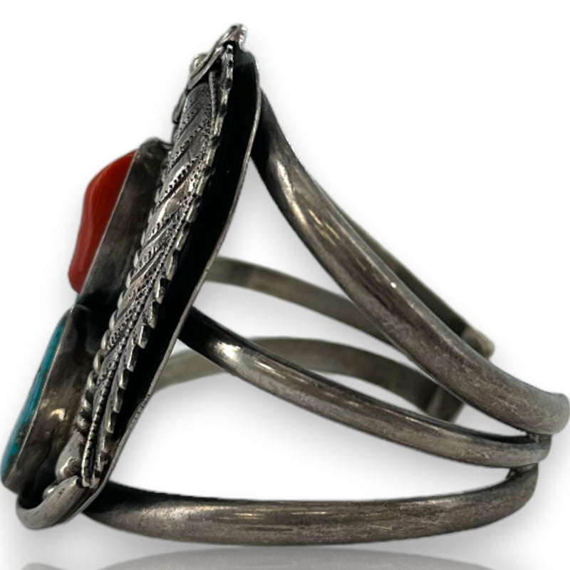 Kelvis Josh Navajo Native American 925 Sterling Silver Large Cuff Bracelet with Natural Pyrite-Included Turquoise and Coral