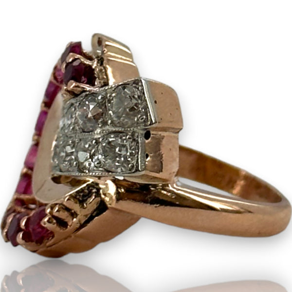 Vintage Retro 1930s-50s Solid 14kt Rose Gold Old European Cut Antique Diamond and Ruby Cocktail Statement Ring Size 4.75 Resizeable