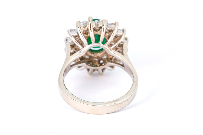 Vintage 1960-80s Solid 14kt White Gold Oval Prong-Set Emerald Cocktail Ring with Double Halo of Diamonds Size 6.5