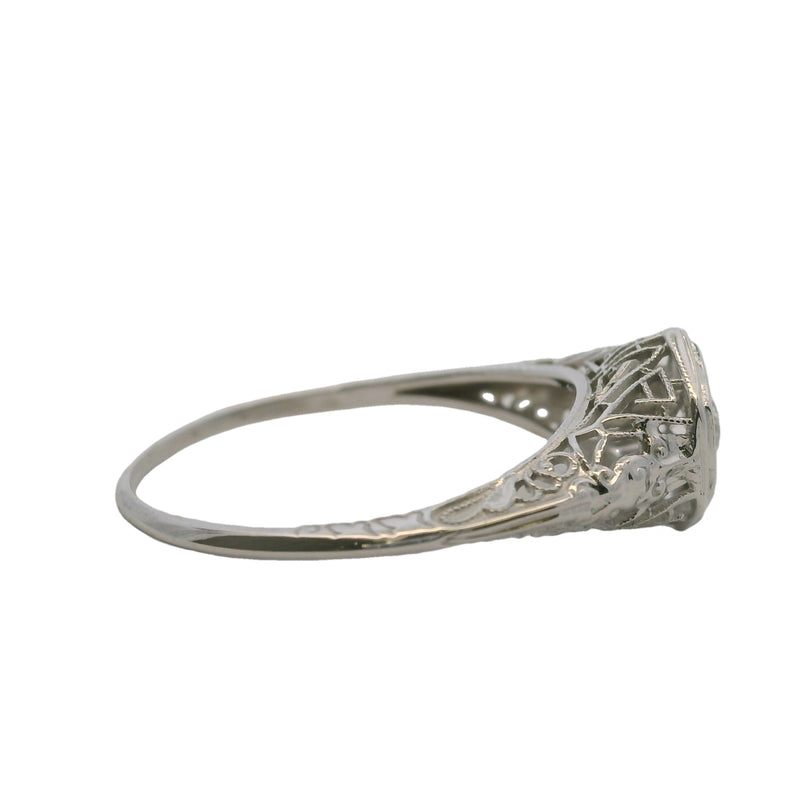 Antique 1920s Art Deco Solid 18kt White Gold Filigree Hexagon Ring with Transitional Cut Diamond Size 9
