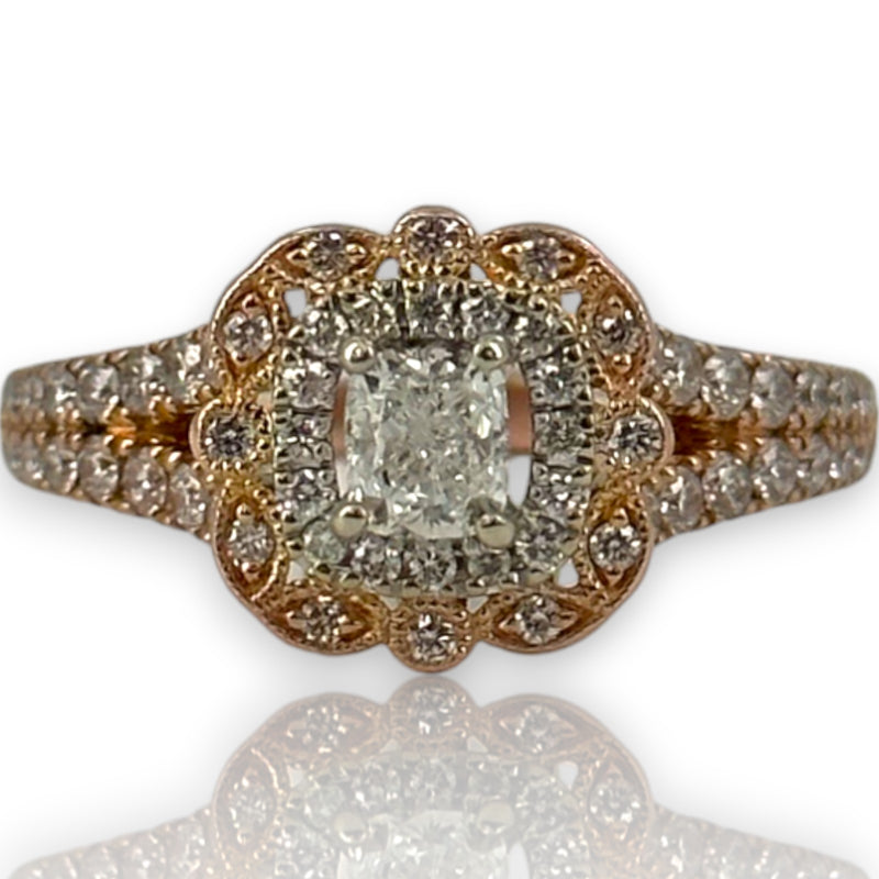 Neil Lane Retired Solid 14kt Rose Gold Cushion Cut Prong Set Diamond Engagement Ring with Double Halo and Diamond Split Sides Size 8.5