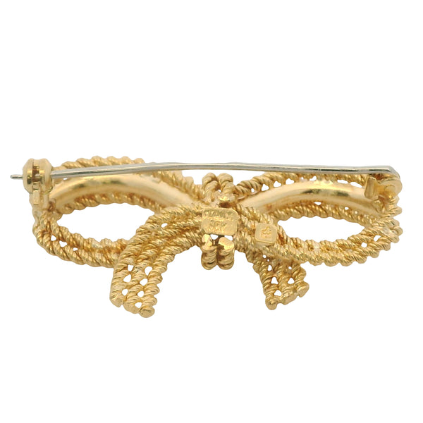 Vintage Mid-Century Italian Solid 18kt Yellow Gold and Pearl Rope Bow Pin Brooch