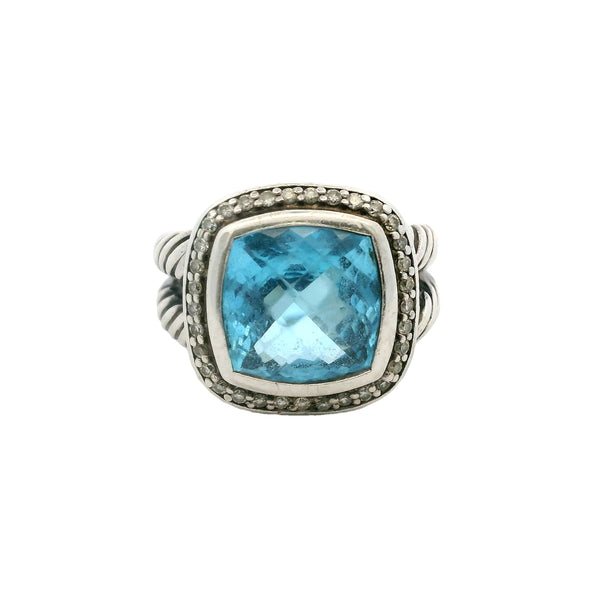 David Yurman 925 Sterling Silver Blue Topaz and Diamond Halo 16mm Wide Albion Ring Size 7.5