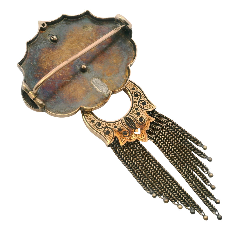 1860-1890s Victorian 10kt Yellow Gold Taille d’Epargné Black Enamel Doorknocker Tassel Brooch with Original C Clasp