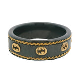 Gucci Black Synthetic Corundum and Solid 18kt Yellow Gold Icon Interlocking G Logo Band Ring Size 7.75