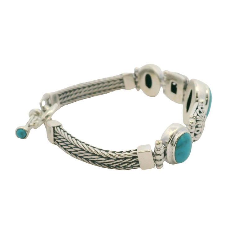 Solid 925 Sterling Silver and Cabochon Blue Turquoise Braided Toggle Bracelet 8"