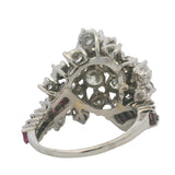Vintage Mid Century Solid 950 Platinum Large 3.26ctw Natural Diamond and Ruby Cluster Cocktail Ring Size 8