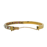 Antique Victorian Solid 18kt Yellow Gold Hinged 6.5" Bangle with Pearls, Rubies, and Diamonds