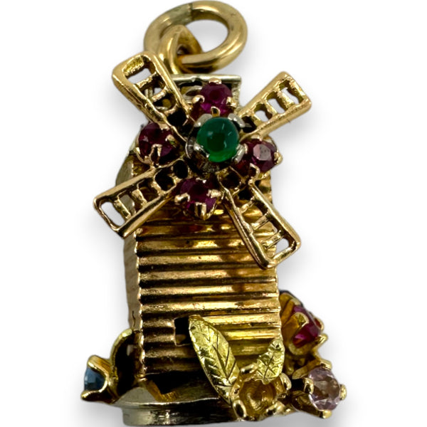 Vintage Solid 14kt Yellow Gold with White Gold Accents Moving Detailed Windmill Charm with Lab Rubies, Sapphires, and Emerald Pendant