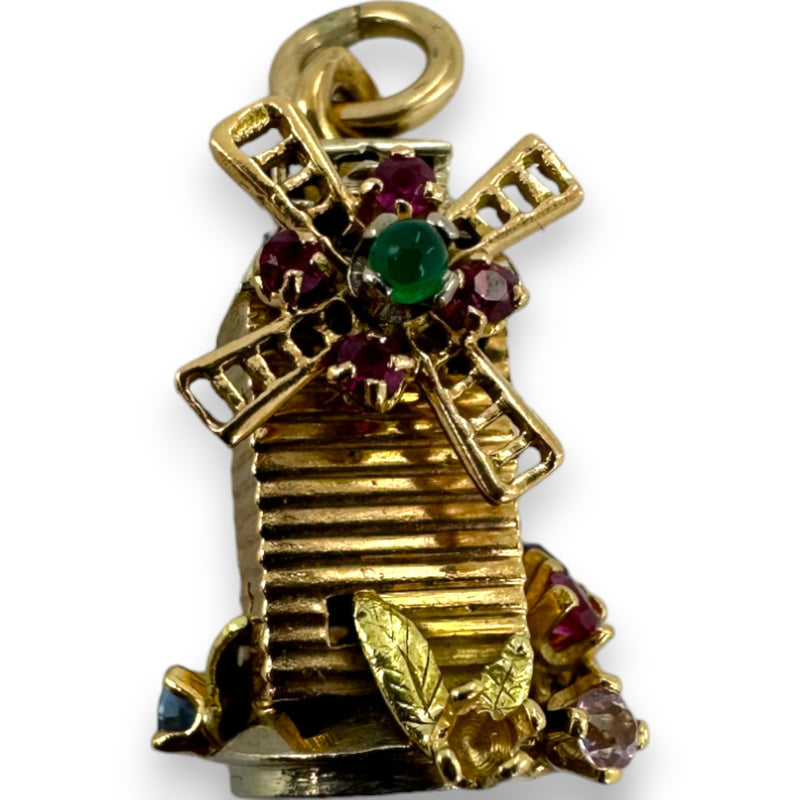 Vintage Solid 14kt Yellow Gold with White Gold Accents Moving Detailed Windmill Charm with Lab Rubies, Sapphires, and Emerald Pendant