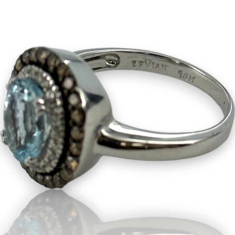 LeVian 14kt Solid White Gold and Sea Blue Aquamarine Ring with Double Halo of Champagne and White Vanilla Diamonds Size 7.5
